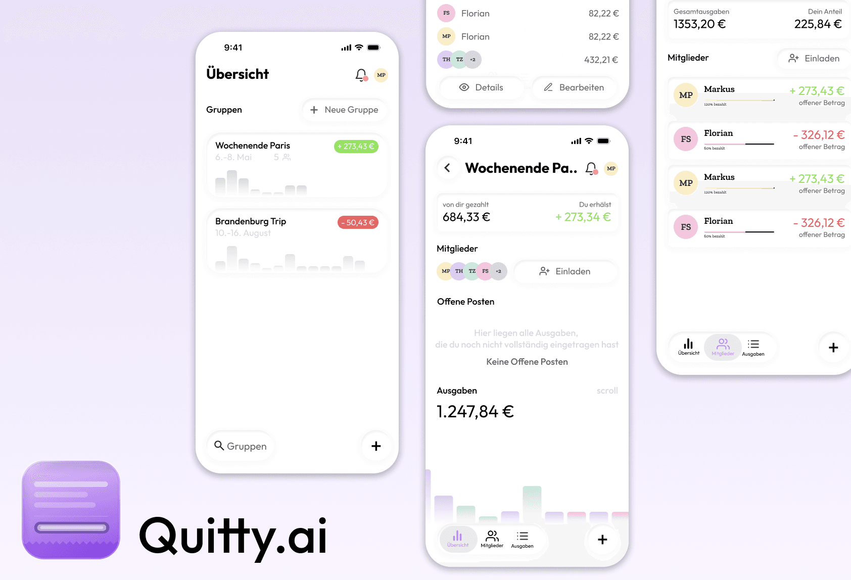 Quitty App-Vorschau mit Gruppenübersicht