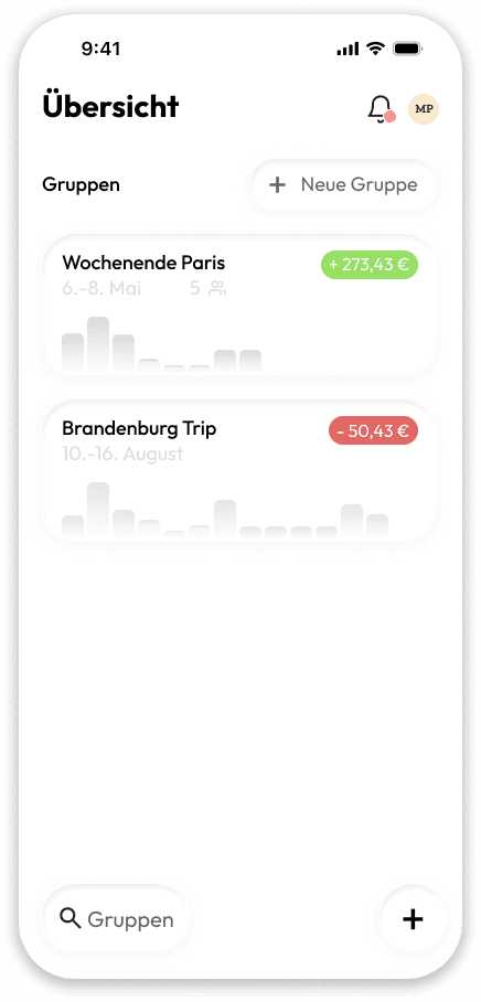 Quitty Gruppenübersicht mit Waveform-Fingerprints und Saldo-Badges